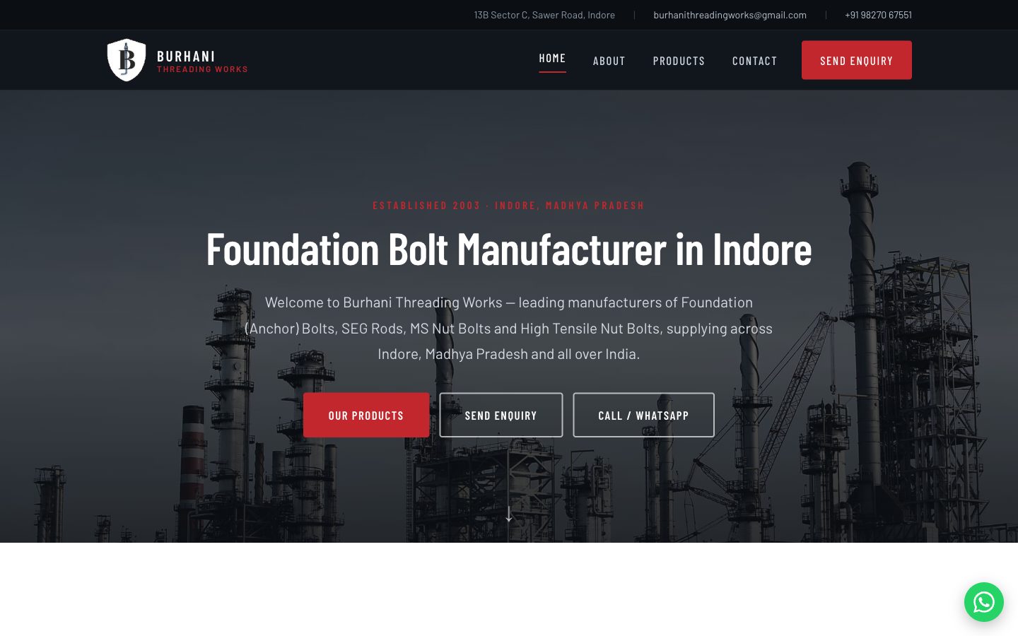 Burhani Threading Works home page titled Foundation Bolt Manufacturer in Indore