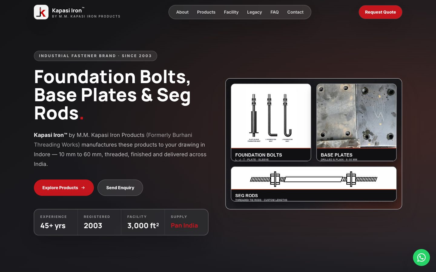 Kapasi Iron home page introducing foundation bolts, base plates and seg rods made in Indore