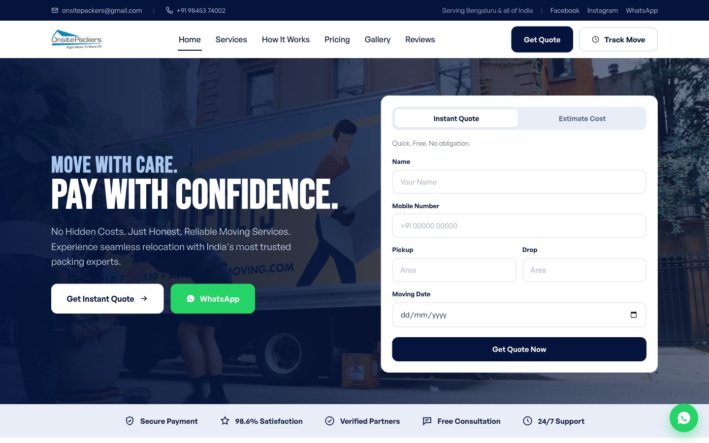 Onsite Packers home page with the move tracking box and instant quote form